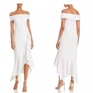 AQUA Scuba Crepe Off-the-Shoulder Midi Dress